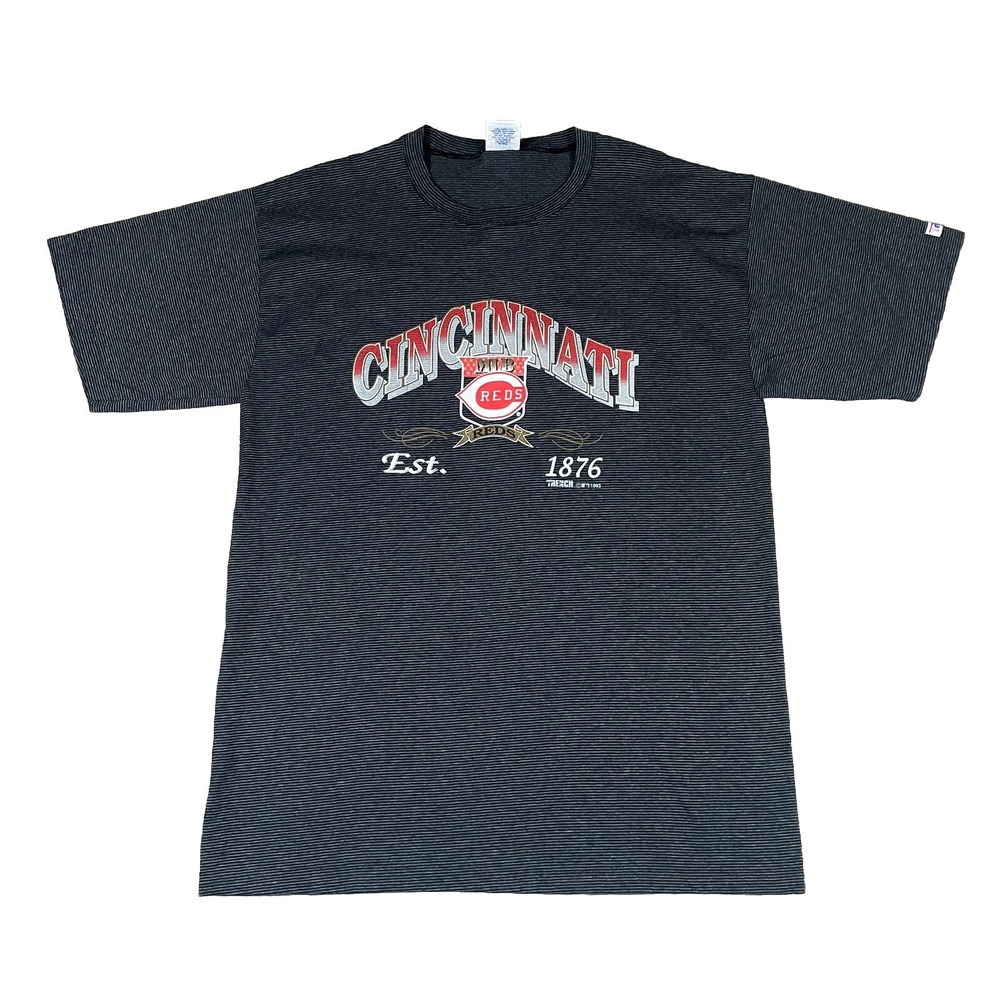 VTG Trench Cincinnati Reds Striped T-Shirt Black/Grey Adult XL Made in USA 1993